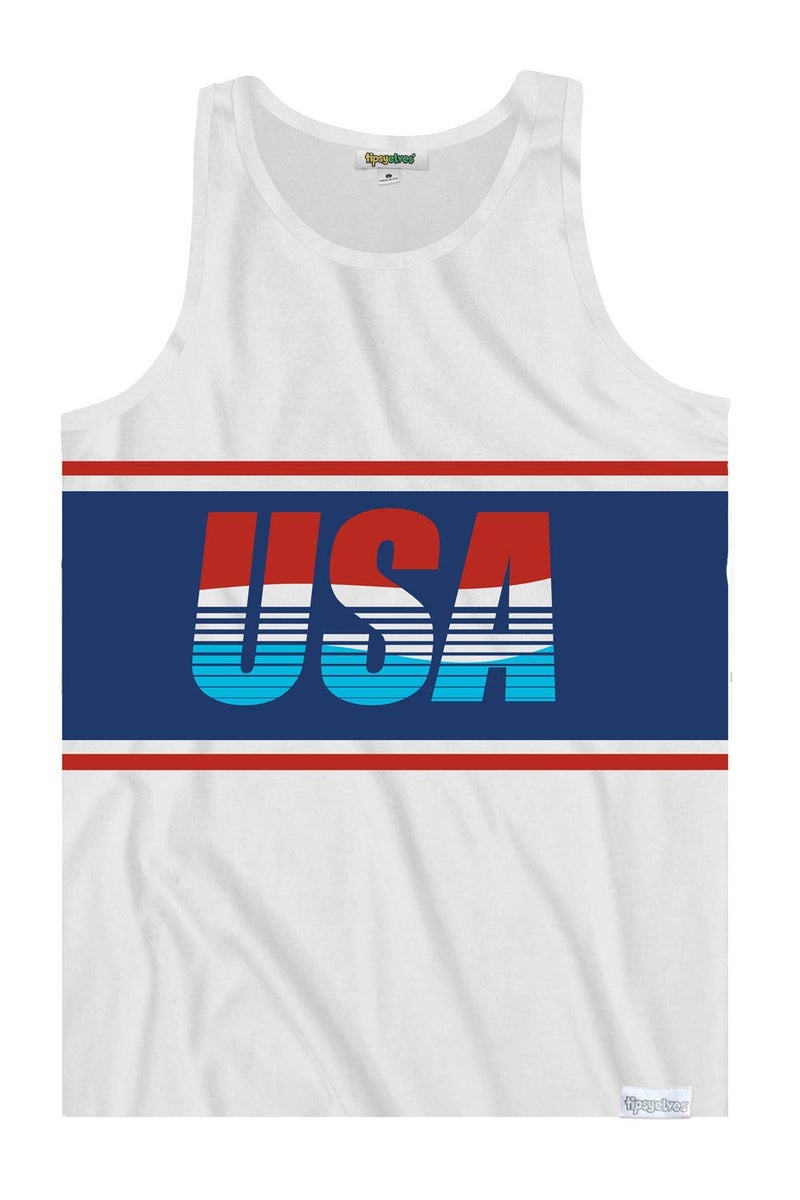 Tipsy Elves 4th of July Tank Tops Mens USA Sleeveless Shirts Retro Patriotic American Flag Tanks for Men - Memorial Day Fourth of July Shirt - White Retro USA Tank Top Size Large - Image 1